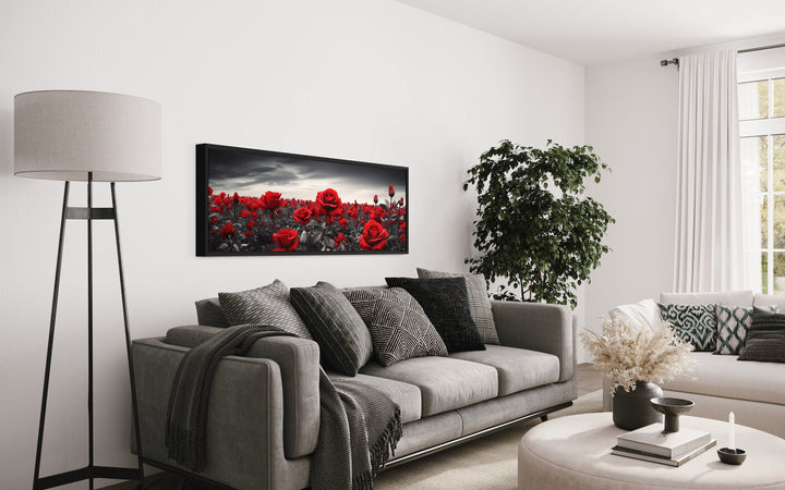 Red Black White Horizontal Roses Framed Canvas Wall Art