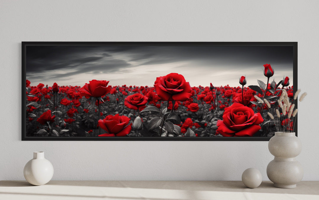 Red Black White Horizontal Roses Framed Canvas Wall Art