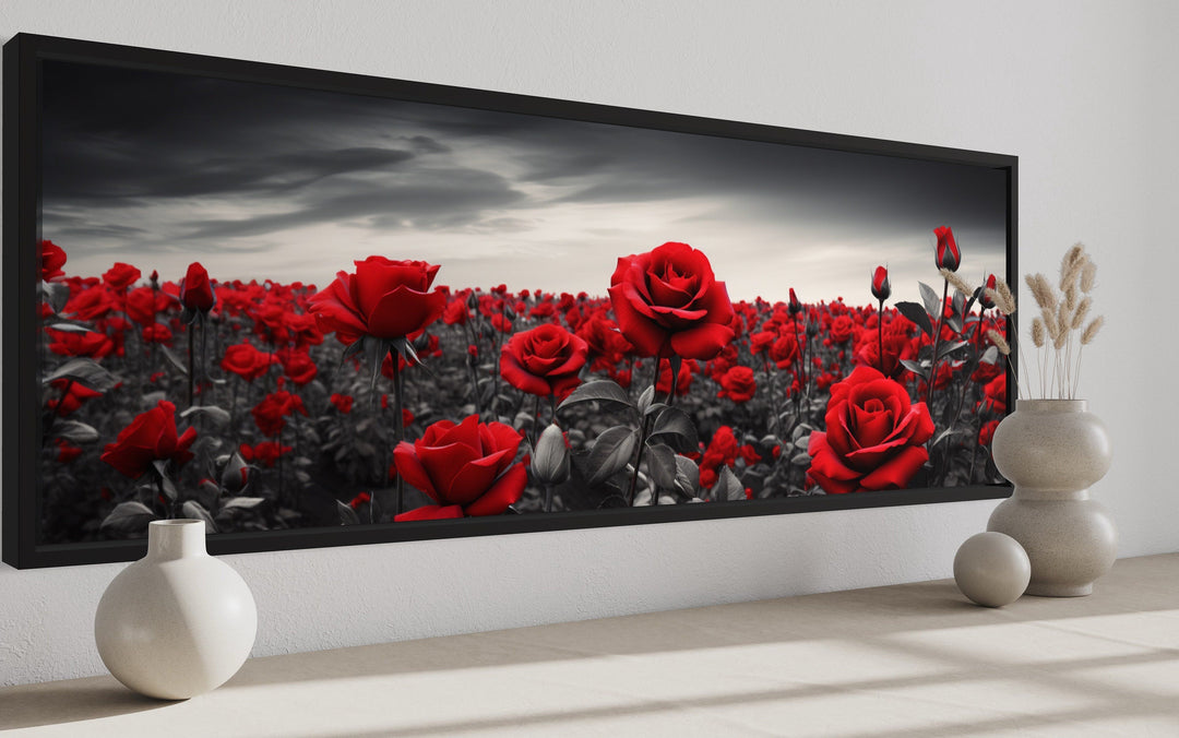 Red Black White Horizontal Roses Framed Canvas Wall Art