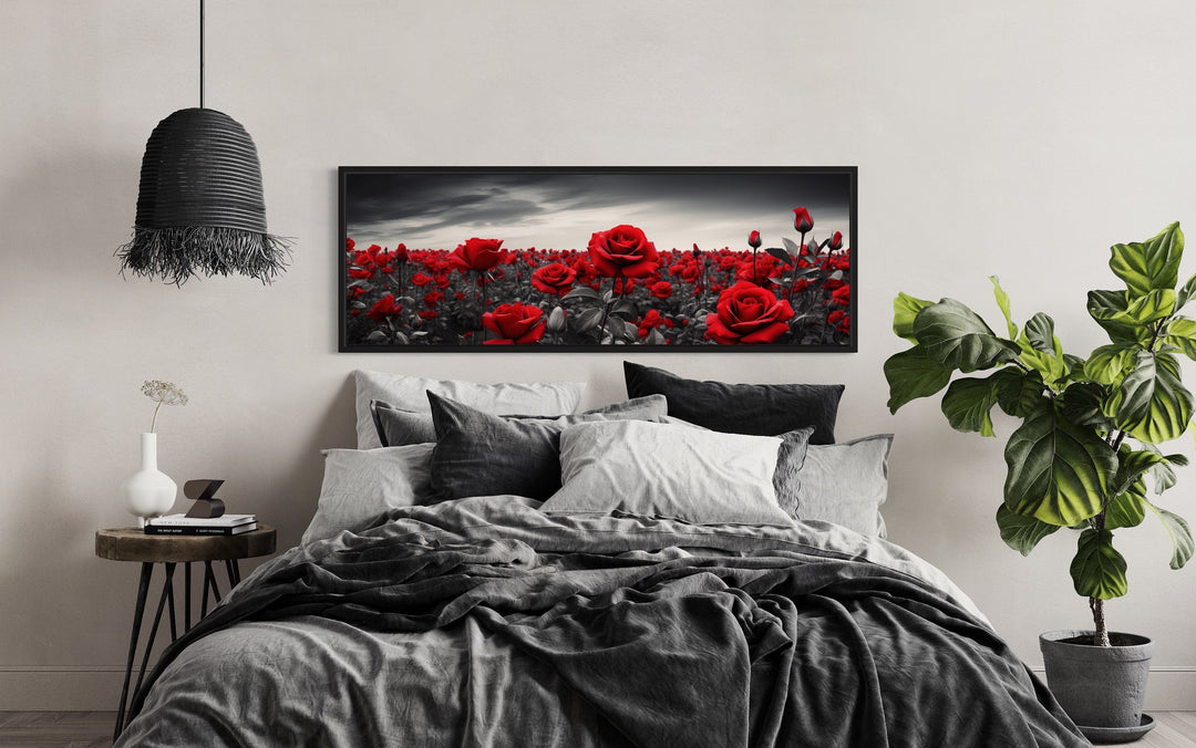 Red Black White Horizontal Roses Framed Canvas Wall Art