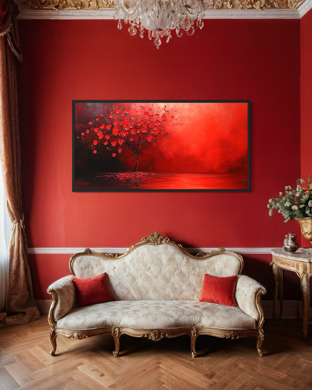 Red Blooming Tree on Red Background Framed Canvas Wall Art