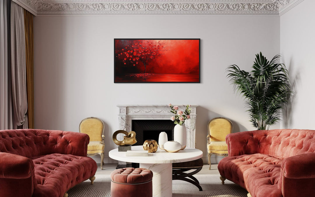 Red Blooming Tree on Red Background Framed Canvas Wall Art