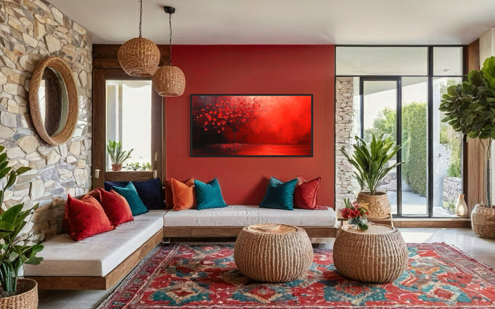 Red Blooming Tree on Red Background Framed Canvas Wall Art