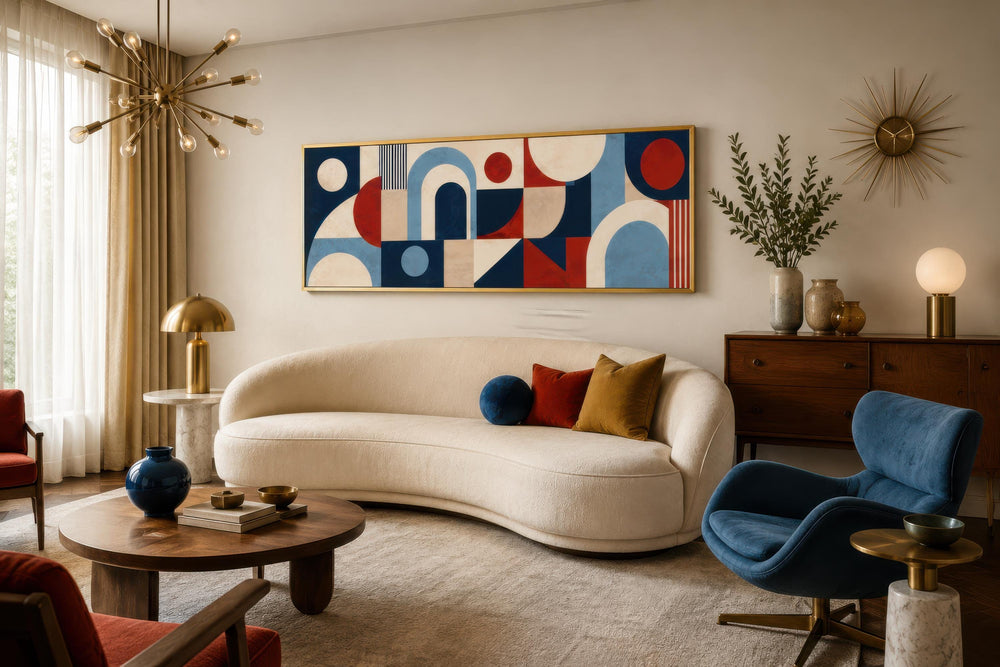 A sophisticated modern living room featuring a large abstract geometric painting in blue and red, a curved cream sofa, blue armchair, and a starburst wall clock. A sophisticated modern living room featuring a large abstract geometric painting in blue and red, a curved cream sofa, blue armchair, and a starburst wall clock.