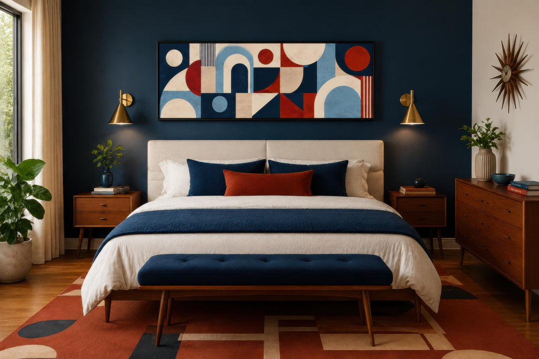 Long narrow Bauhaus wall art with red, blue, and cream geometric shapes above a bed.