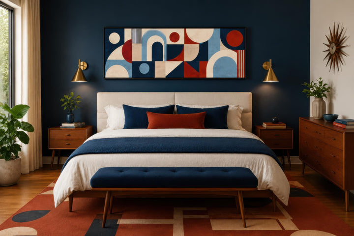 Long narrow Bauhaus wall art with red, blue, and cream geometric shapes above a bed.