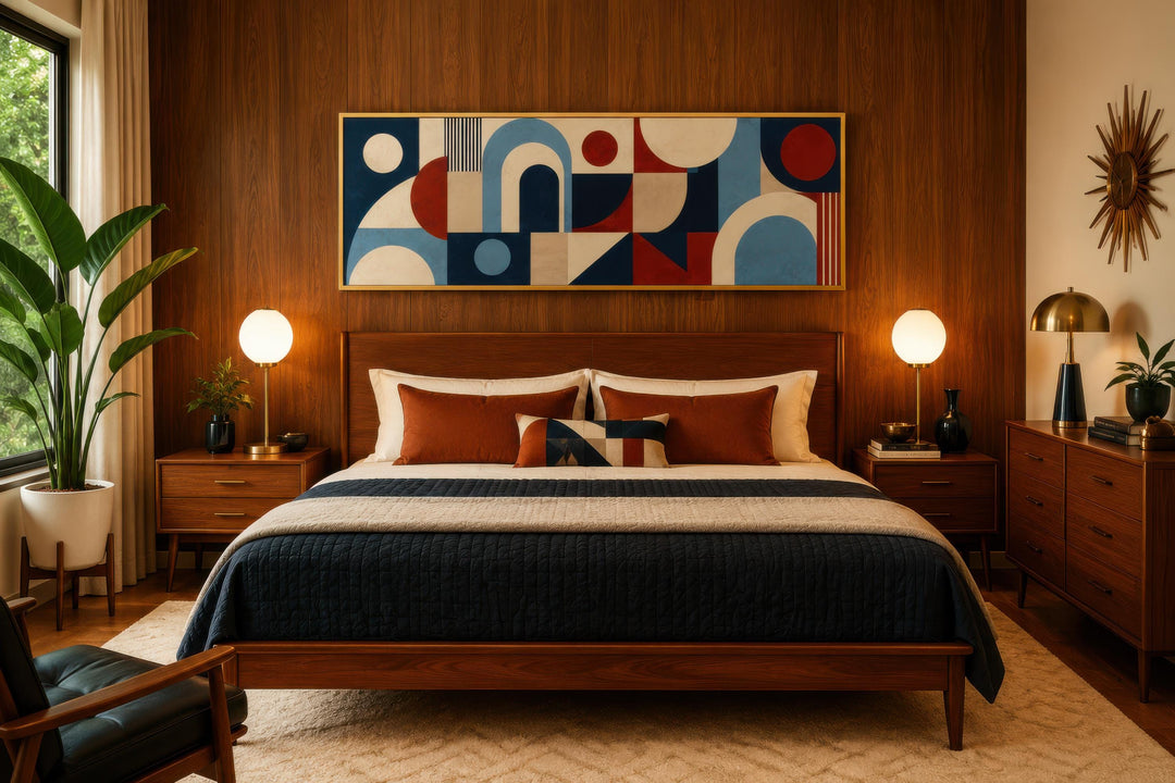 Long narrow Bauhaus wall art with red and blue geometric shapes above a mid-century modern bed.