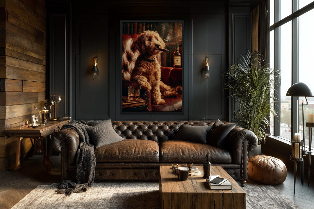 Red Brown Goldendoodle Dog Drinking Whiskey and Smoking Cigar Canvas Wall Art