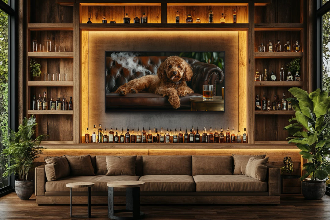 Red Brown Goldendoodle On Couch Smoking Cigar Drinking Whiskey Framed Canvas Wall Art