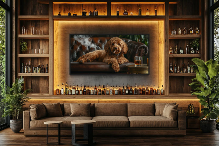 Red Brown Goldendoodle On Couch Smoking Cigar Drinking Whiskey Framed Canvas Wall Art