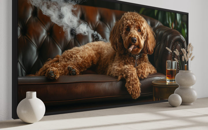 Red Brown Goldendoodle On Couch Smoking Cigar Drinking Whiskey Framed Canvas Wall Art