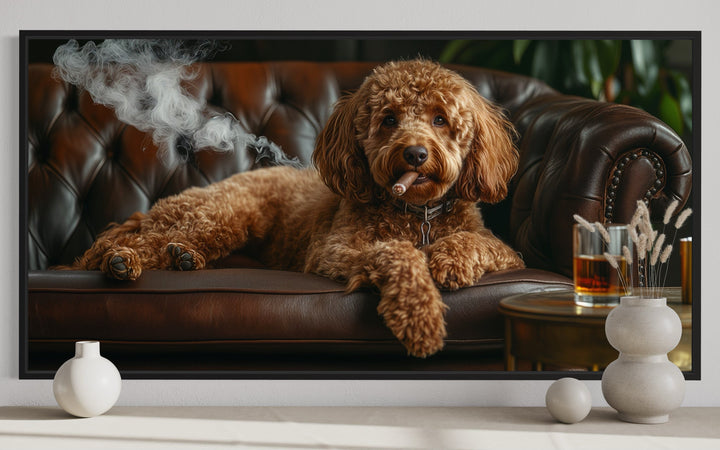 Red Brown Goldendoodle On Couch Smoking Cigar Drinking Whiskey Framed Canvas Wall Art