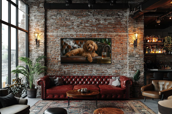 Red Brown Goldendoodle On Couch Smoking Cigar Drinking Whiskey Framed Canvas Wall Art