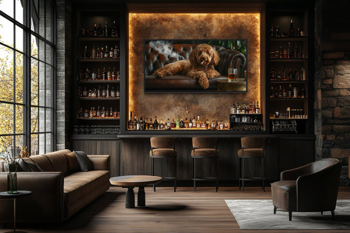 Red Brown Goldendoodle On Couch Smoking Cigar Drinking Whiskey Framed Canvas Wall Art