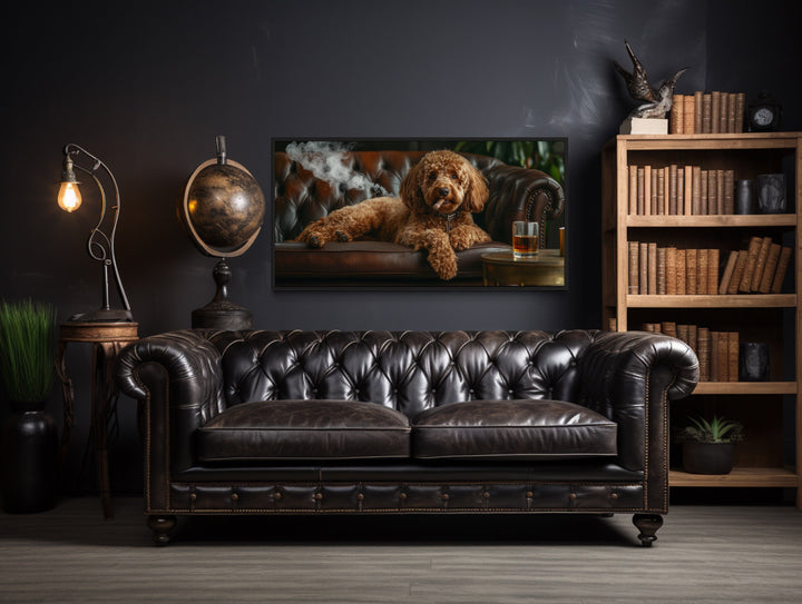 Red Brown Goldendoodle On Couch Smoking Cigar Drinking Whiskey Framed Canvas Wall Art