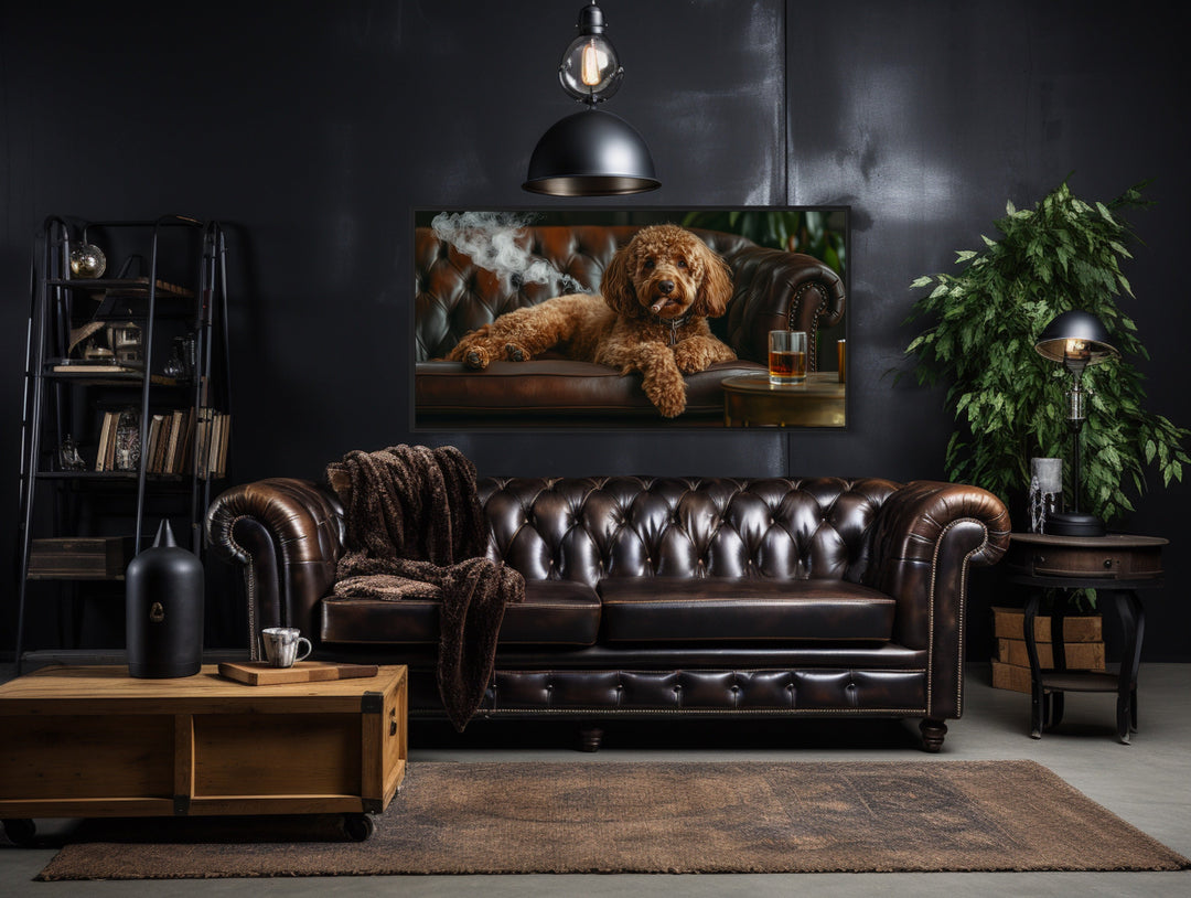 Red Brown Goldendoodle On Couch Smoking Cigar Drinking Whiskey Framed Canvas Wall Art