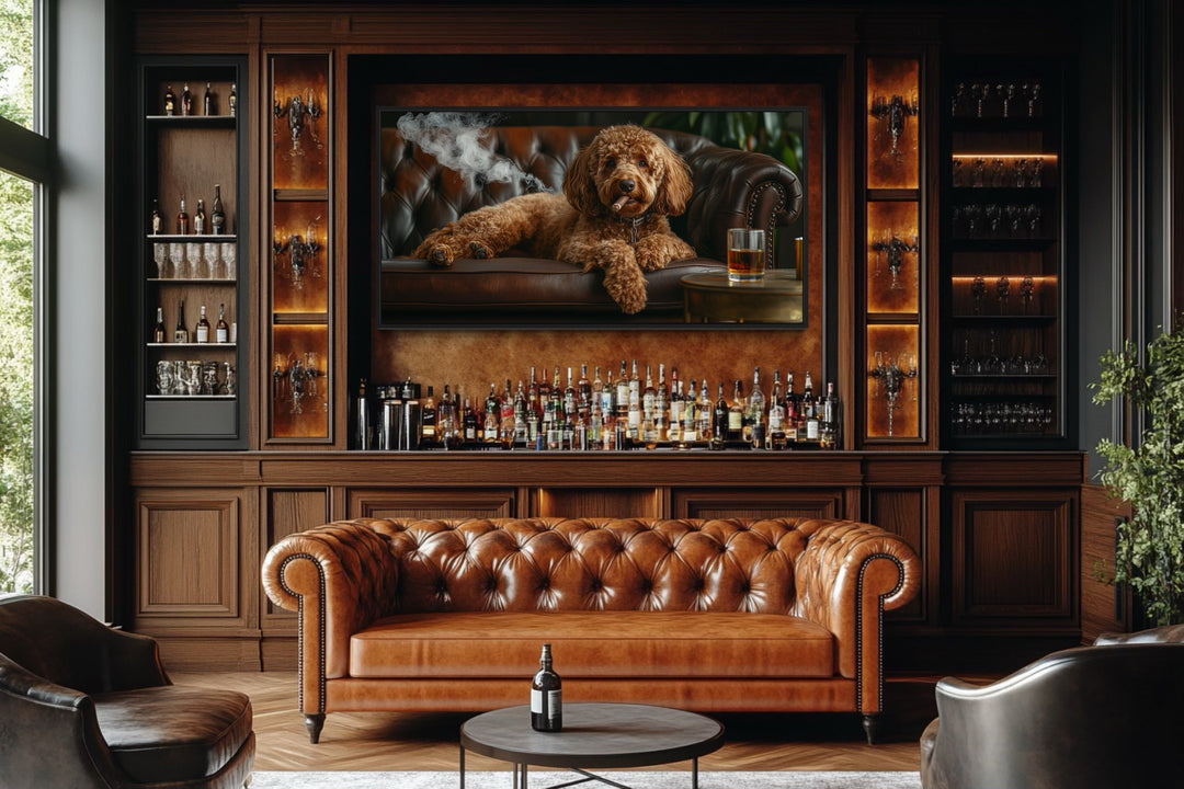 Red Brown Goldendoodle On Couch Smoking Cigar Drinking Whiskey Framed Canvas Wall Art