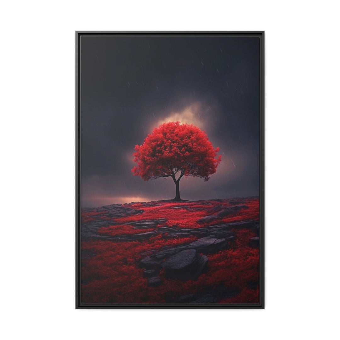 Red Burgundy Tree on Black Background Framed Canvas Wall Art