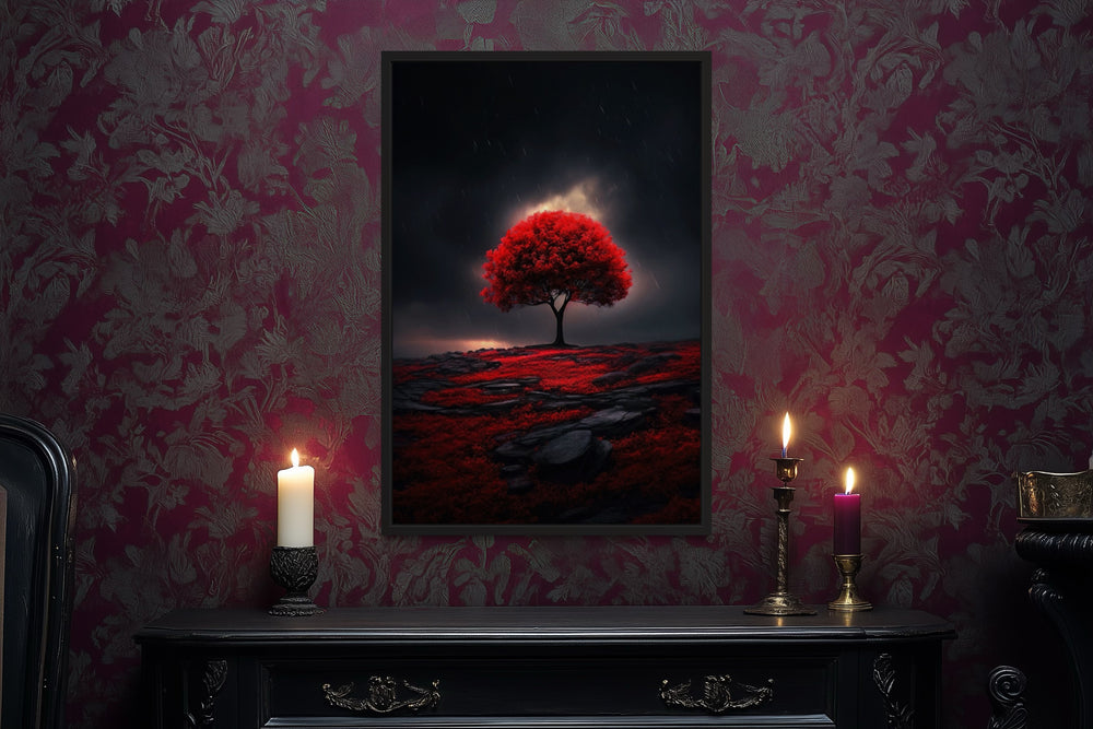 Red Burgundy Tree on Black Background Framed Canvas Wall Art