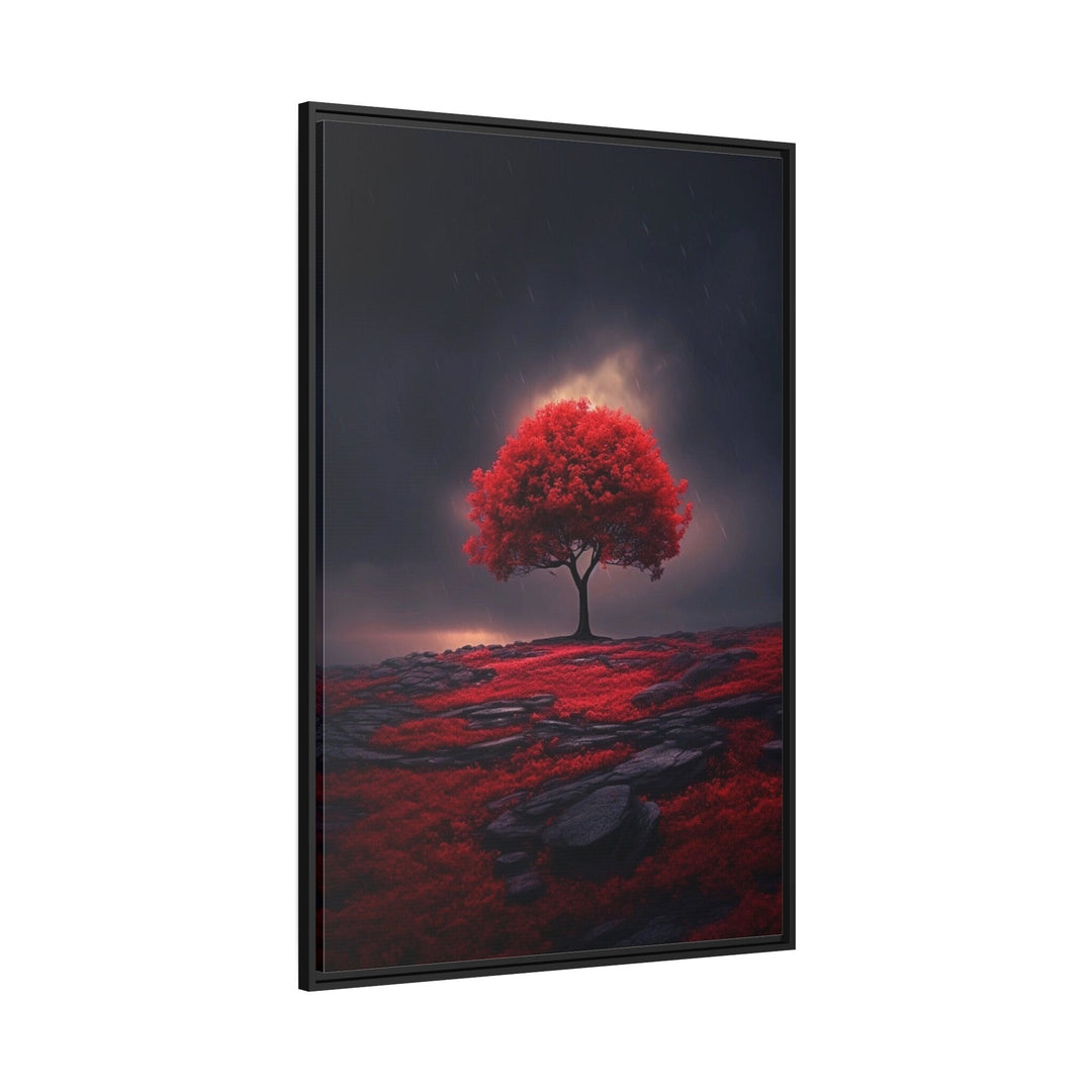 Red Burgundy Tree on Black Background Framed Canvas Wall Art