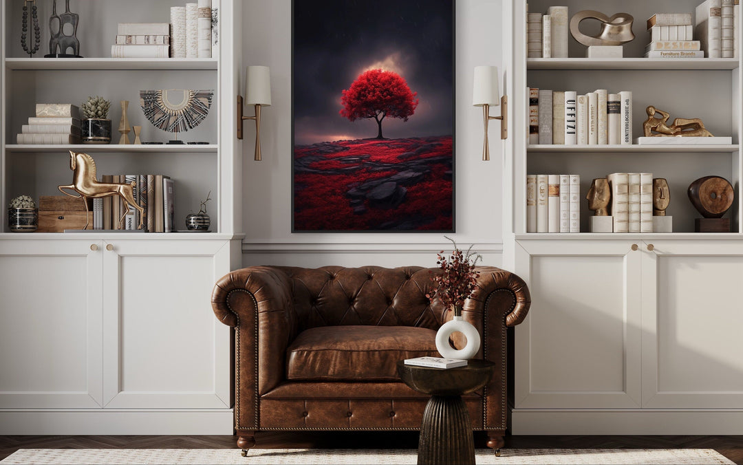 Red Burgundy Tree on Black Background Framed Canvas Wall Art