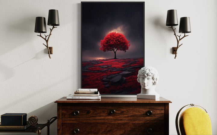 Red Burgundy Tree on Black Background Framed Canvas Wall Art