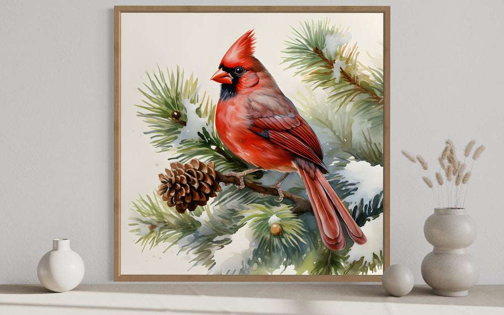 Red Cardinal on Fir Tree Branch In Snow Framed Canvas Wall Art close up