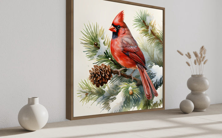 Red Cardinal on Fir Tree Branch In Snow Framed Canvas Wall Art