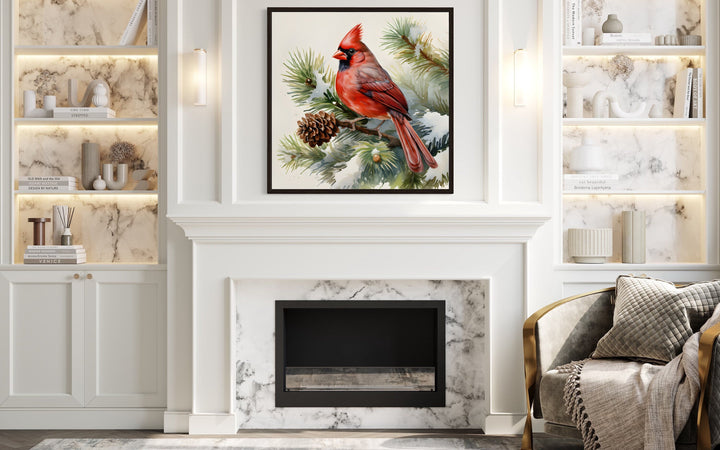 Red Cardinal on Fir Tree Branch In Snow Framed Canvas Wall Art