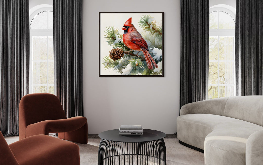 Red Cardinal on Fir Tree Branch In Snow Framed Canvas Wall Art