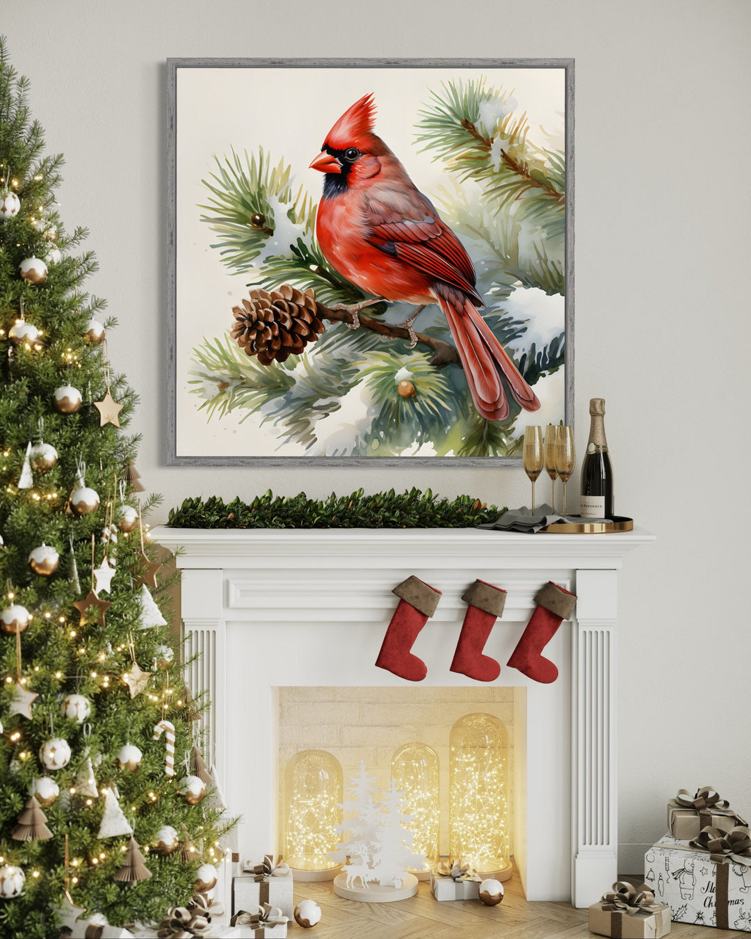 Red Cardinal on Fir Tree Branch In Snow Framed Canvas Wall Art