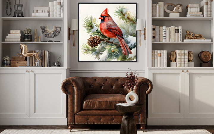 Red Cardinal on Fir Tree Branch In Snow Framed Canvas Wall Art