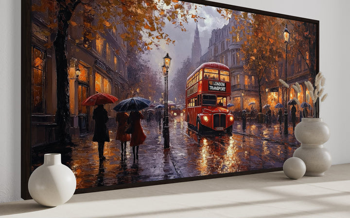 Red Double Decker Bus In Rainy London Framed Canvas Wall Art