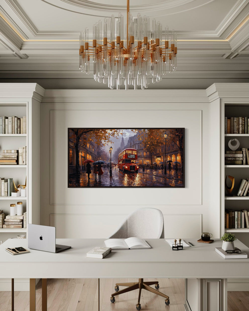 Red double decker bus in rainy London framed canvas wall art hanging in a bright, modern office.