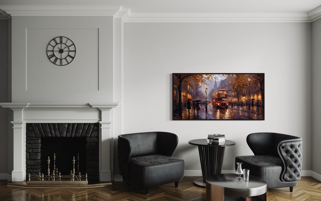 Red double decker bus in rainy London framed canvas wall art above black chairs in a modern office.