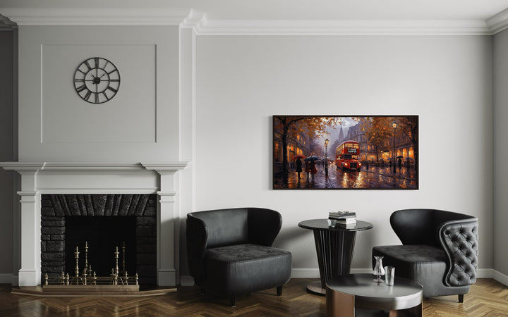 Red double decker bus in rainy London framed canvas wall art above black chairs in a modern office.