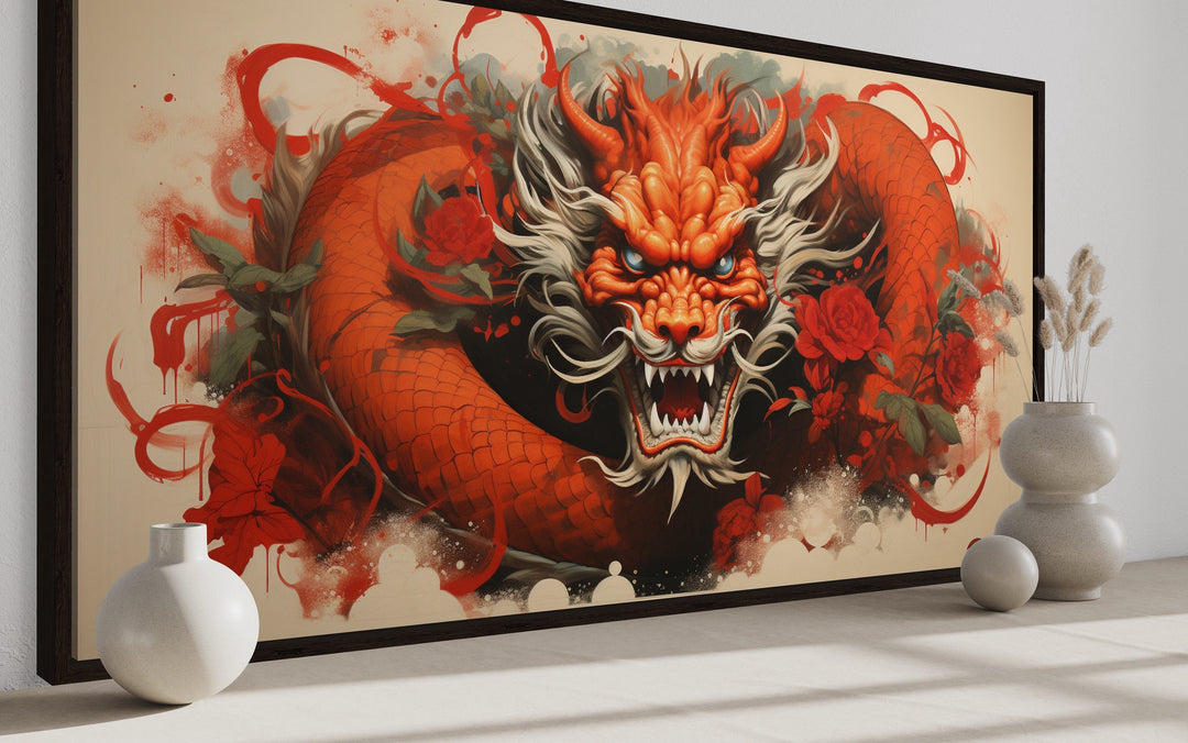 Red Dragon Graffiti Framed Canvas Wall Art