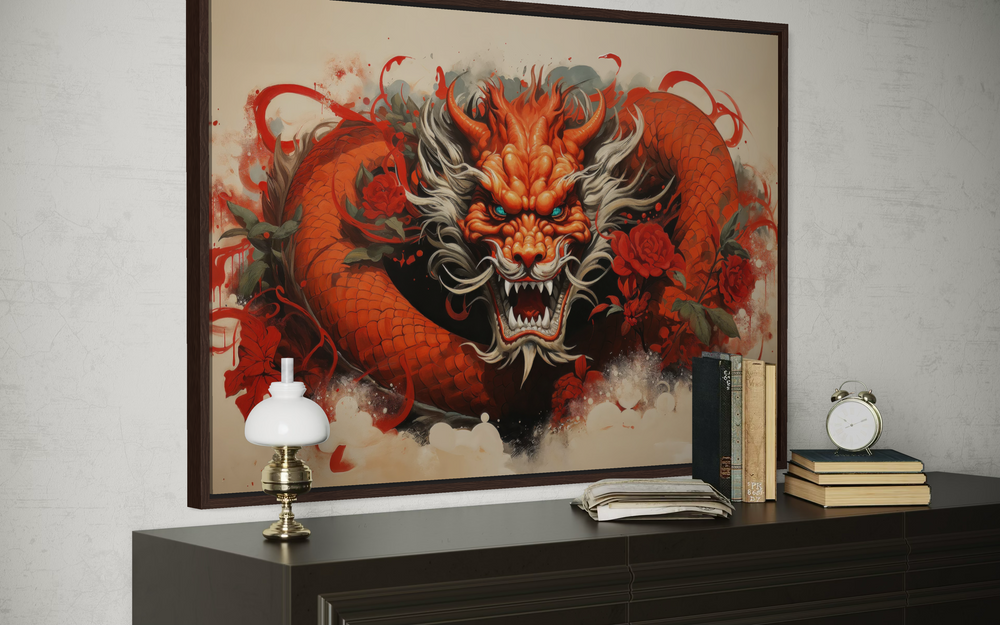 Red dragon graffiti framed canvas wall art displayed on a dark wood dresser with books and a lamp.