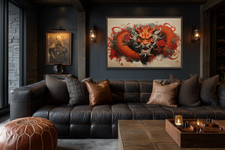 Red dragon graffiti framed canvas wall art displayed in a dark, modern living room setting.