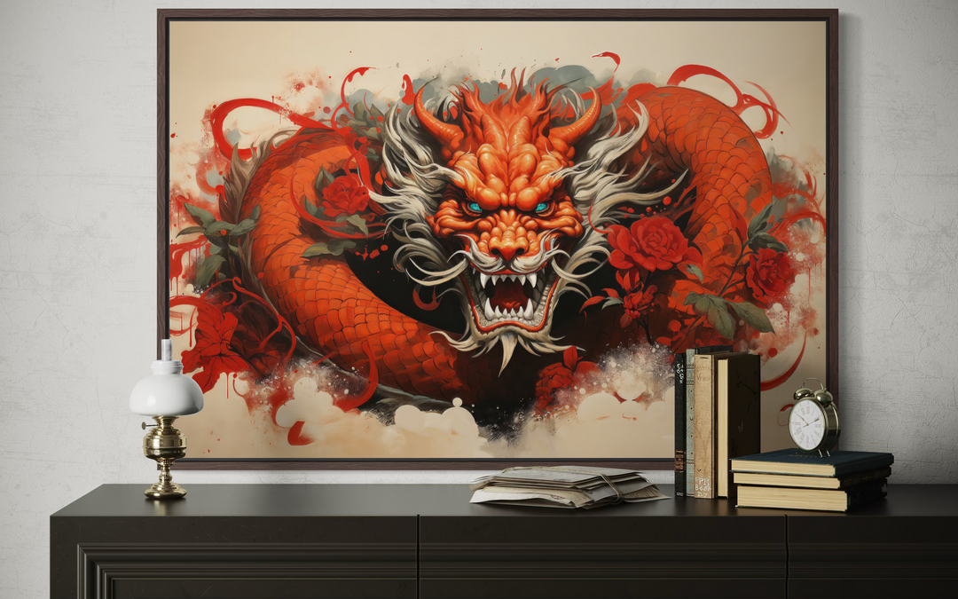 Framed canvas wall art featuring a vibrant red dragon graffiti design above a dark wood dresser.