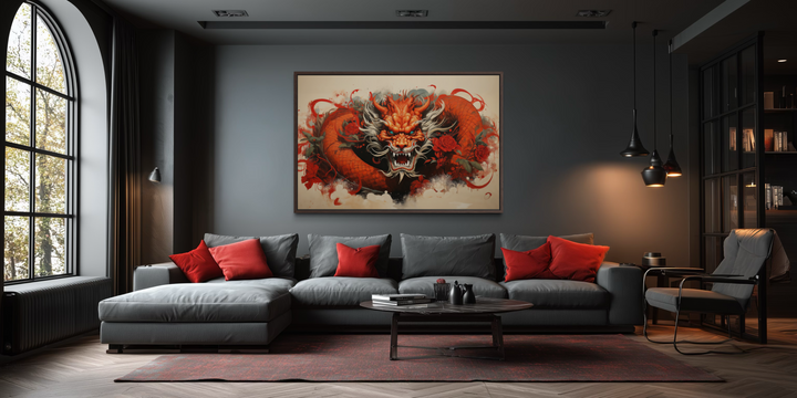 Red dragon graffiti framed canvas wall art displayed above a grey sofa in a modern living room.