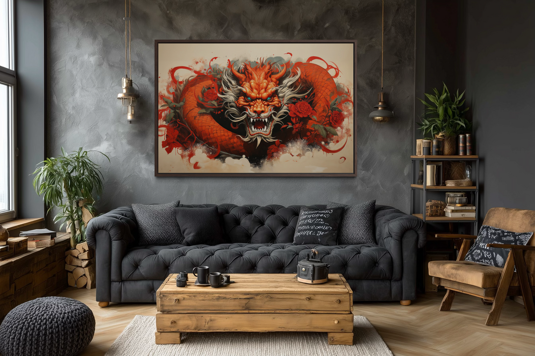 Framed canvas wall art featuring a red dragon graffiti design in a modern living room setting.