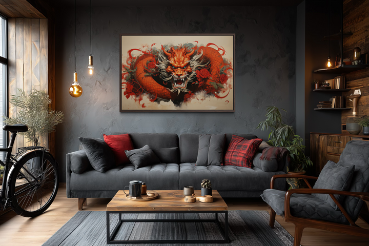 Red dragon graffiti framed canvas wall art displayed above a dark grey sofa in a modern living room.
