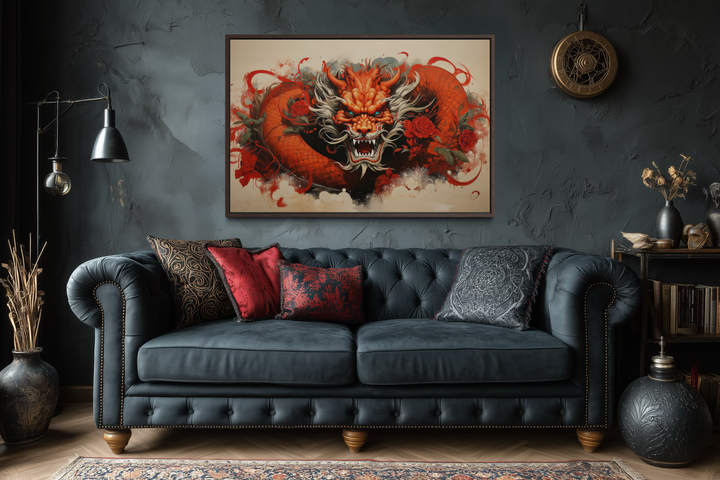 Red dragon graffiti framed canvas wall art displayed above a dark blue tufted sofa.
