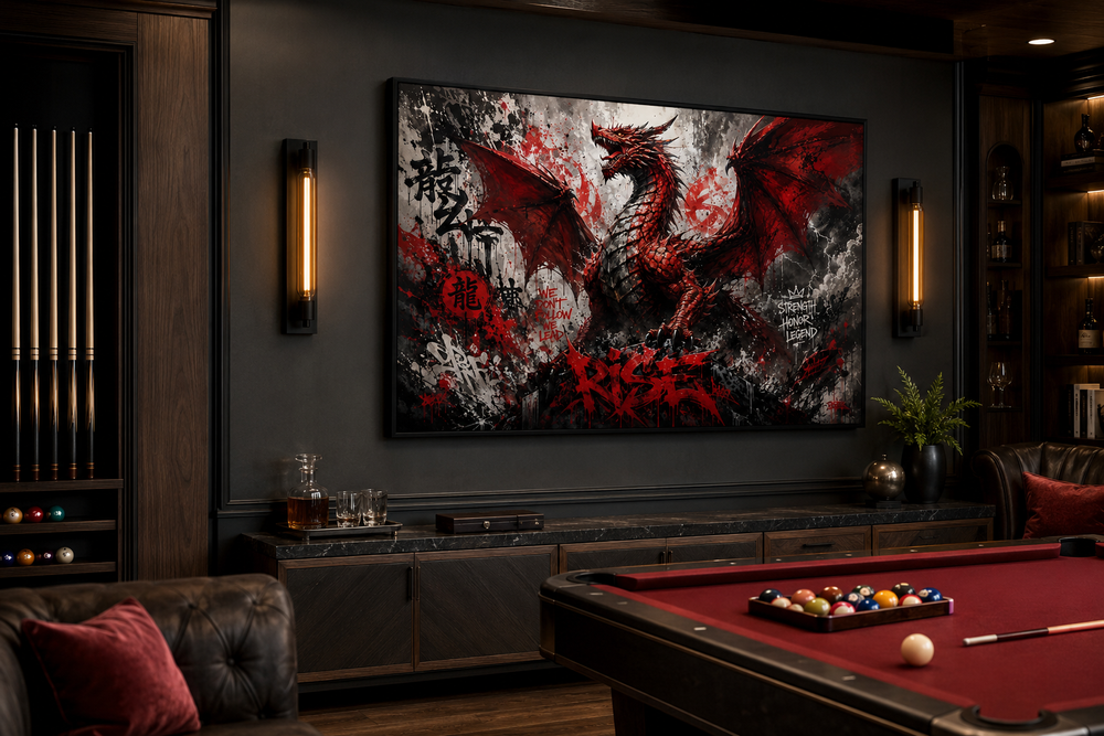 Red dragon graffiti framed canvas wall art in a dark man cave with a pool table and leather sofa.