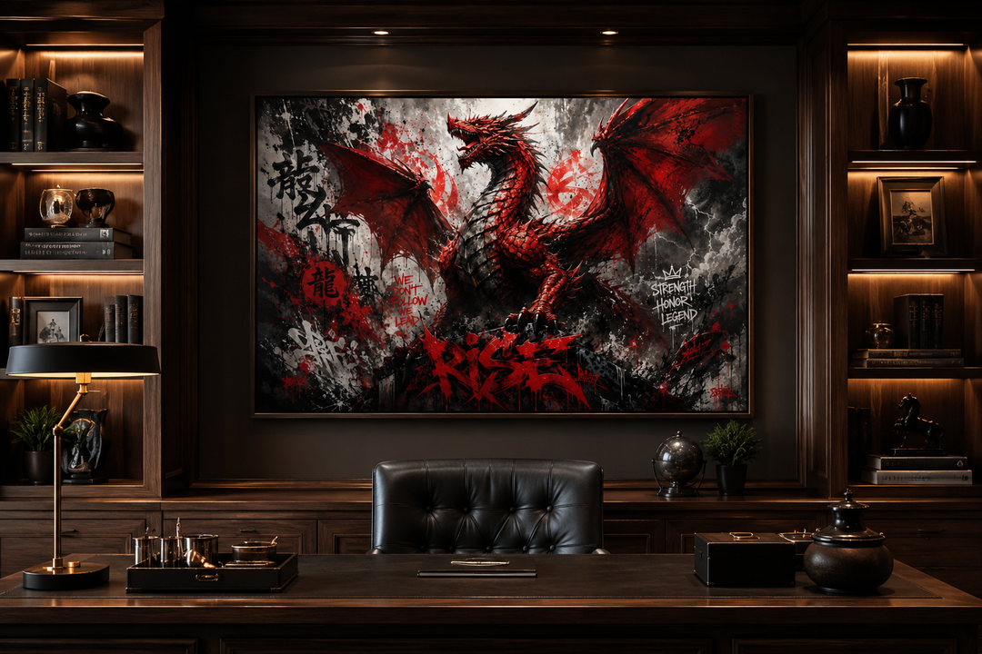 Red dragon graffiti framed canvas wall art hanging in a dark wood-paneled office above a desk.