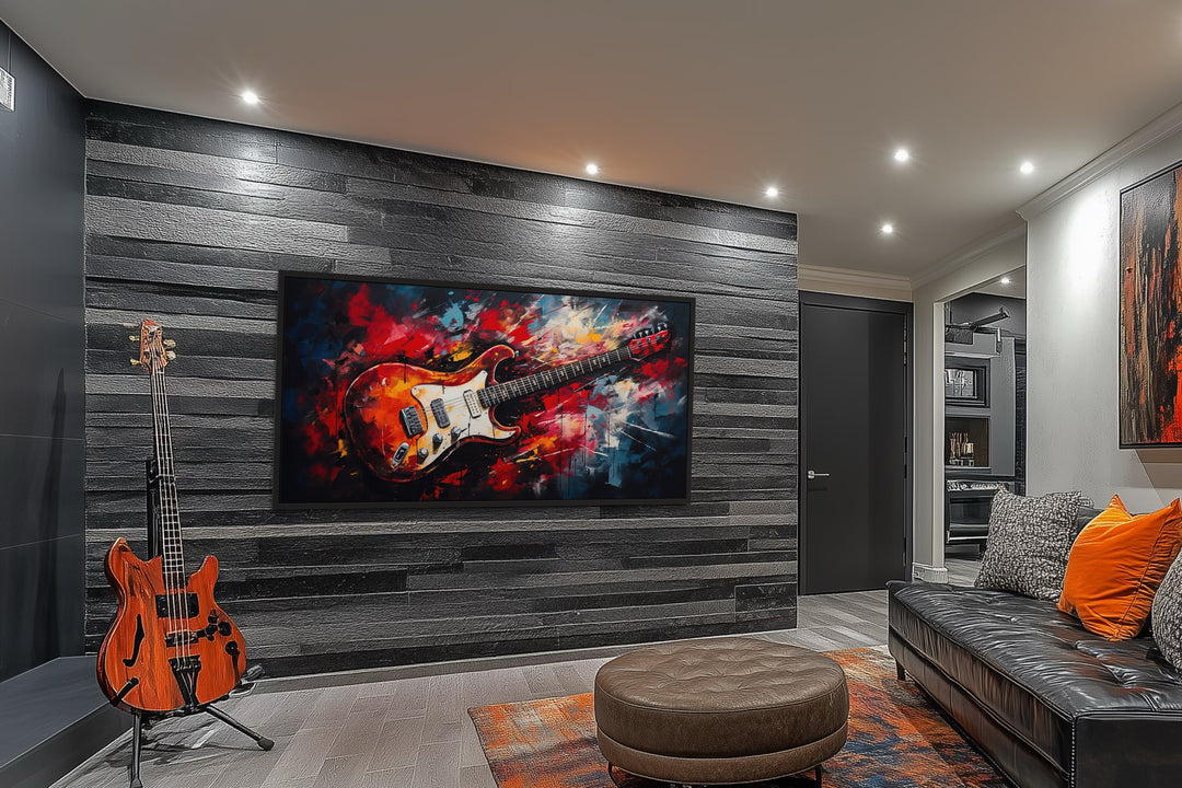 Red Electric Guitar Abstract Framed Canvas Wall Art
