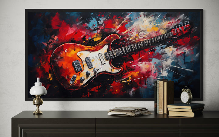 Red Electric Guitar Abstract Framed Canvas Wall Art