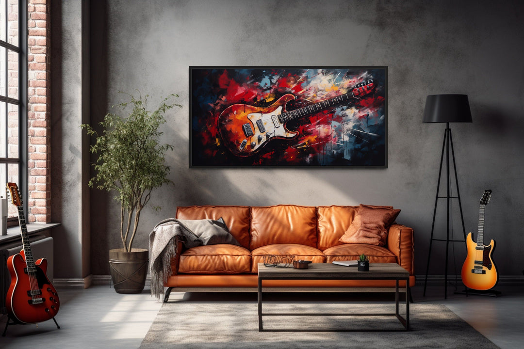 Red Electric Guitar Abstract Framed Canvas Wall Art