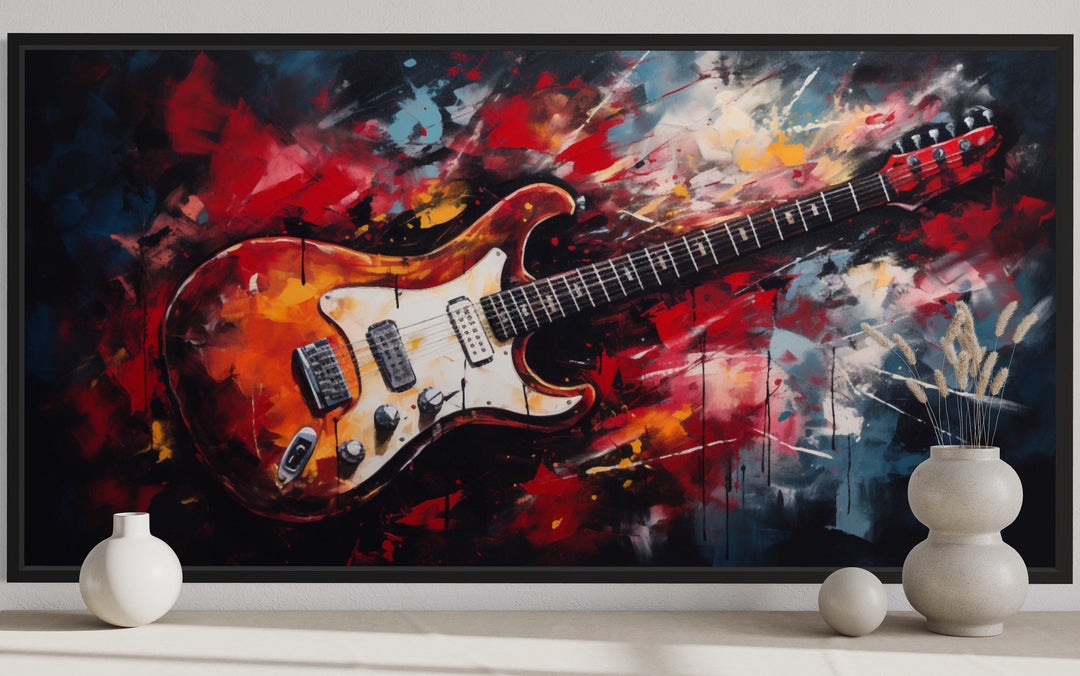 Red Electric Guitar Abstract Framed Canvas Wall Art